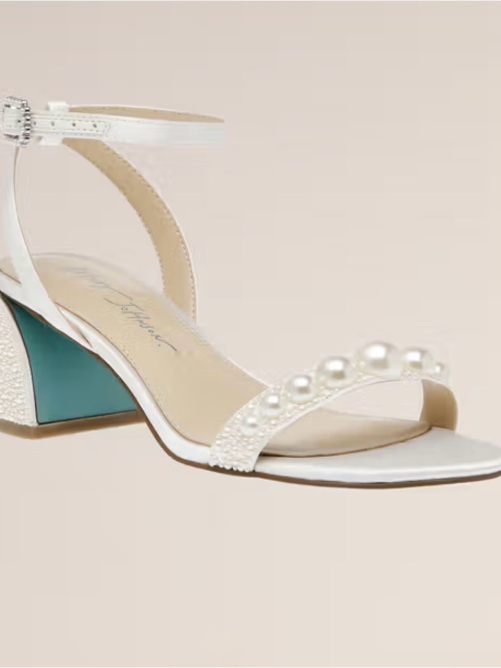 Betsey Johnson White Pearl Strap Block Heel Sandal with Teal Accent